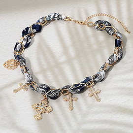 Cross Charms Braided Fabric Chain Necklace