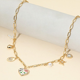 Butterfly Flower Enamel Detailed Heart Pendant Charm Station Necklace