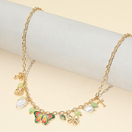 Enamel Butterfly Flower Cross Bow Heart Pearl Charm Station Necklace