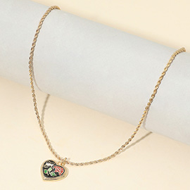 Butterfly Flower Enamel Detailed Heart Pendant Necklace