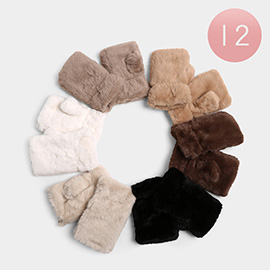 12Pairs - Plain Faux Fur Fingerless Winter Gloves