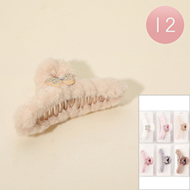 12PCS - Rhinestone Butterfly Accent Fuzzy Fur Plush Hair Claw Clips
