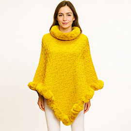 Textured Faux Fur Trim Cape Poncho