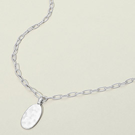 Hammered Metal Oval Pendant Paperlink Chain Necklace