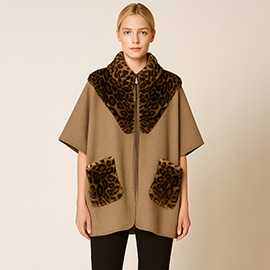 Leopard Print Fur Trim Collar Pockets Zipper Front Kimono Poncho