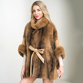 Luxurious Faux Fur Trim Belted Waist Cape Poncho