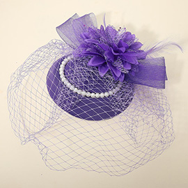 Flower Bead Feather Netting Pearl Accented Fascinator / Headband