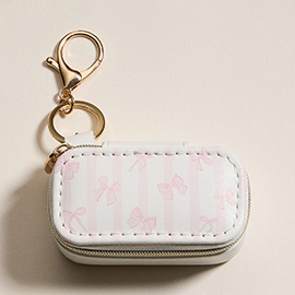 Bow Striped Pattern Printed Rectangular Travel Jewelry Case Keychain / Bag Charm