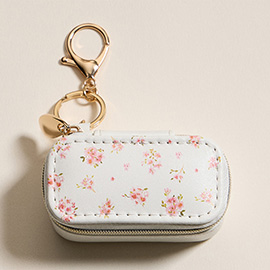 Floral Pattern Printed Rectangular Travel Jewelry Case Keychain / Bag Charm