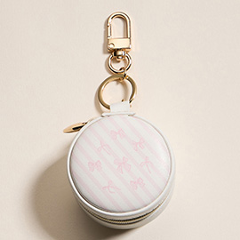 Bow Striped Pattern Printed Round Shaped Jewelry Case Keychain / Bag Charm