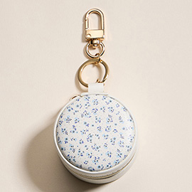 Floral Pattern Printed Round Shaped Travel Jewelry Case Keychain / Bag Charm