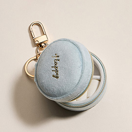 HAPPY Embroidered Round Shaped Travel Jewelry Case Keychain / Bag Charm