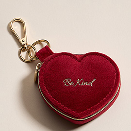 BE KIND Embroidered Heart Shaped Travel Jewelry Case Keychain / Bag Charm