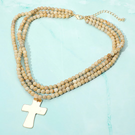 Metal Cross Pendant Accent Beaded Multi Strand Necklace
