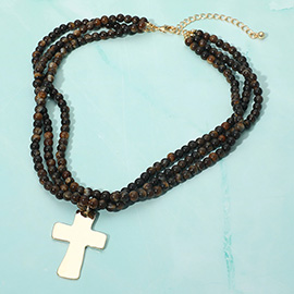 Metal Cross Pendant Accent Beaded Multi Strand Necklace