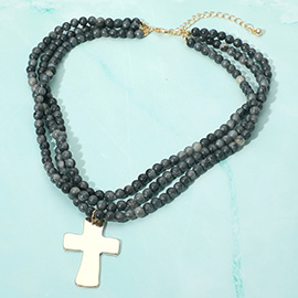Metal Cross Pendant Accent Beaded Multi Strand Necklace