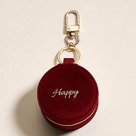 HAPPY Embroidered Round Shaped Travel Jewelry Case Keychain / Bag Charm