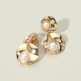 Pearl Accent Abstract Disc Drop Dangle Clip On Earrings
