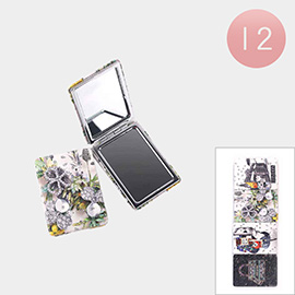 12PCS - Glittered Artistic Theme Printed Cosmetic Mirrors