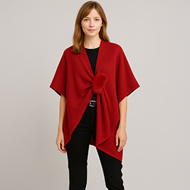 Fur Strap Trim Solid Knit Ruana Poncho