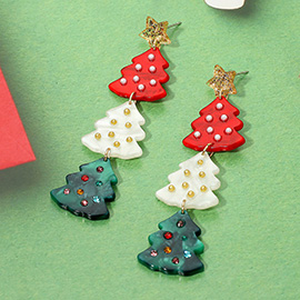 Star Accent Triple Christmas Tree Link Drop Earrings