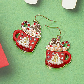 Gingerbread Man Pearl Bubble Holiday Cocoa Mug Dangle Earrings