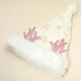 Fluffy Christmas Antler Accent Sequin Snowflake Pattern Santa Hat