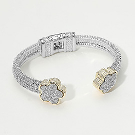 Two Tone CZ Stone Paved Flower Tip Hinged Bangle Bracelet
