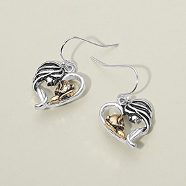 Antique Metal Two Tone Heart Shaped Mother and Child Dangle Earrings