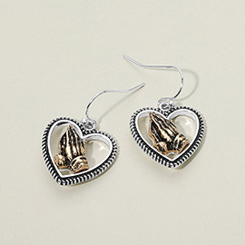 Antique Two Tone Metal Praying Hand Heart Dangle Earrings