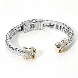 Cz Stone Paved Crisscross Tip Two Tone Hinged Cuff Bracelet