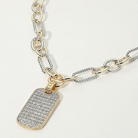 14K Gold Plated Two Tone CZ Stone Paved Dog Tag Pendant Chunky Chain Necklace