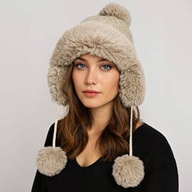 Rhinestone Embellished Faux Fur Ear Flap Pom Pom Winter Trapper Hat