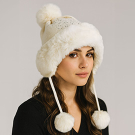 Rhinestone Embellished Faux Fur Ear Flap Pom Pom Winter Trapper Hat