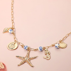 18K Gold Dipped Textured Metal Starfish Mermaid Seashell Charm Station Floral Ceramic Ball Beaded Paperclip Chain Necklace