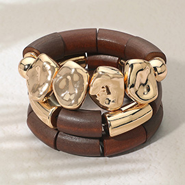 3PCS - Chunky Metal Wood Beaded Stretch Multi Layered Bracelets