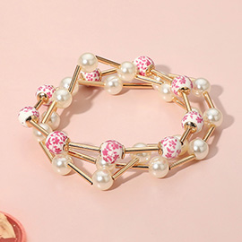3PCS - Floral Ceramic Ball Pearl Beaded Stretch Multi Layered Bracelets