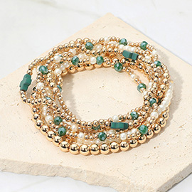 7PCS - Cross Pearl Metal Ball Beaded Stretch Multi Layered Bracelets