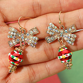 Stone Paved Holiday Bow Pendant Christmas Ornament Drop Dangle Earrings
