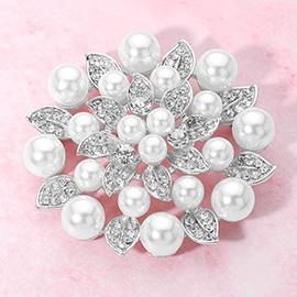 Rhinestone Pearl Embellished Elegant Floral Pin Brooch