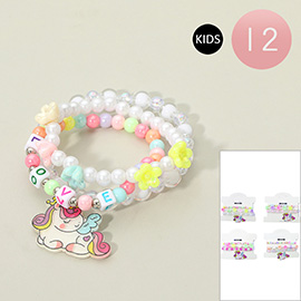12 SET OF 3 - Kids Unicorn Charm Pearl Flower LOVE Message Beaded Stretch Multi Layered Bracelets