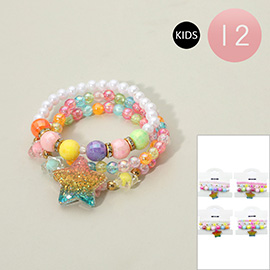 12 SET OF 3 - Kids Star Charm Accent Pearl Beaded Stretch Multi Layered Bracelets