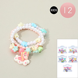 12 SET OF 3 - Kids Unicorn Charm Flower Pearl Beaded Stretch Multi Layered Bracelets
