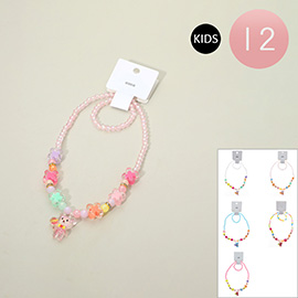 12 SET OF 2 - Kids Teddy Bear Pendant Flower Beaded Jewelry Set