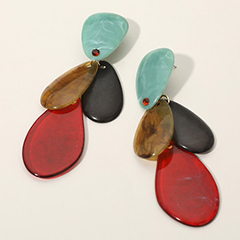Round Stone Accented Abstract Resin Teardrop Drop Earrings