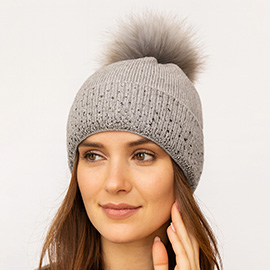 Rhinestone Ribbed Knit Real Fur Pom Winter Beanie Hat