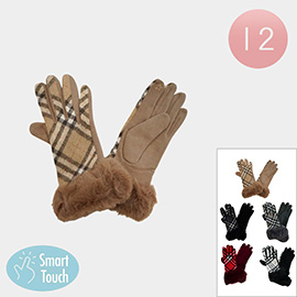 12Pairs - Plaid Pattern Faux Fur Cuff Smart Touch Winter Gloves