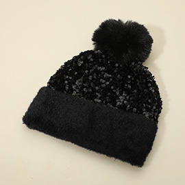 Sequin Embellished Pom Pom Beanie Hat