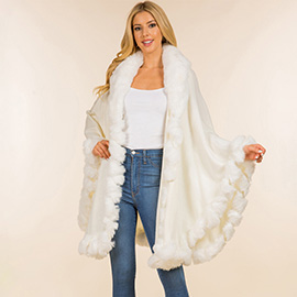 Faux Fur Trim Flowing Shawl Cape Poncho
