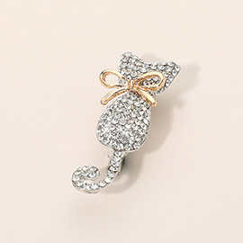 Silver Dipped Rhinestone Cat with Bow Pin Brooch